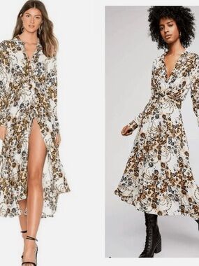Free People White Floral Long-Sleeve Wrap Midi Dress